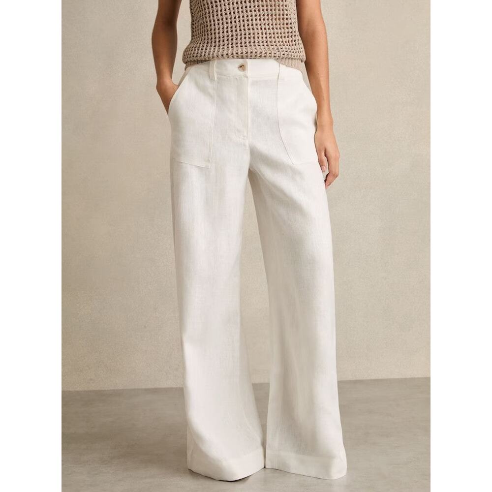 Reiss Ashby Linen Wide-Leg Trousers White - 8 UK (4 US) - Picture 1 of 6